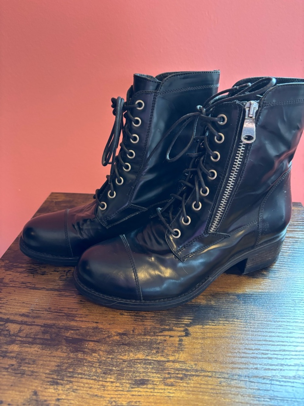Women's Black Lace-Up Side-Zip Leather Boots